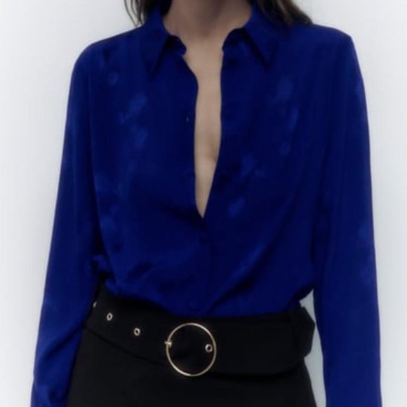 Zara Tops Zara Blue Floral Collared Jacquard Button Up Shirt Size
